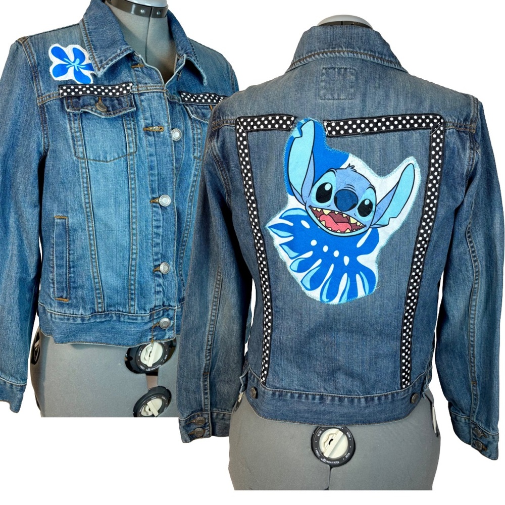 Old Navy Blue Denim Jacket with Hand Crafted Lilo & Stitch Appliqué women's M-L